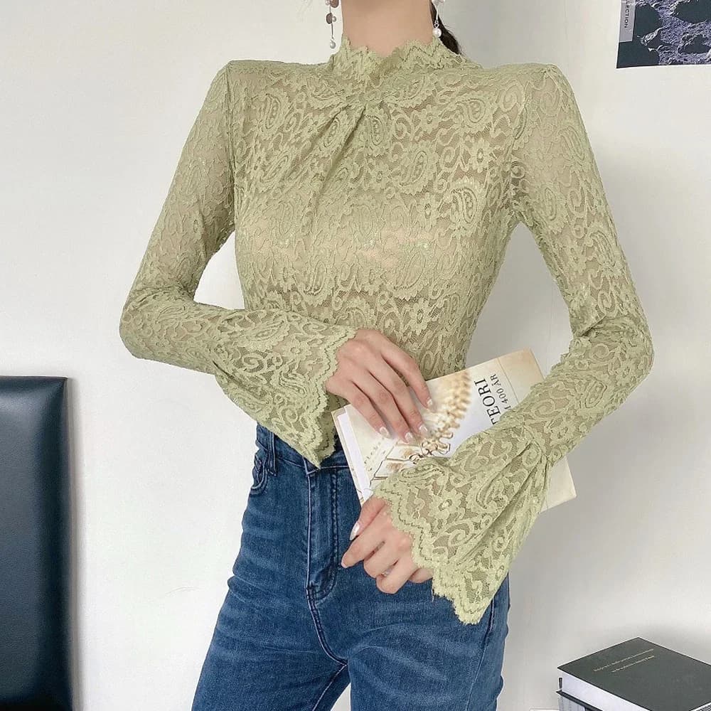 Women's blouse Lace shirt Elasticised turtleneck Bell sleeve Women's office shirt All-Match Elegant trend Top Slim Underwear sexy