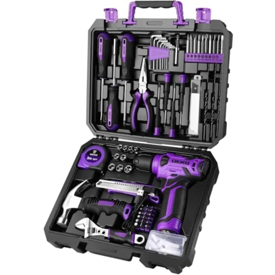 Set di attrezzi: Kit di utensili con trapano a batteria da 8V, cassetta degli attrezzi con custodia, set di attrezzi per riparazioni domestiche, 126 pezzi, viola