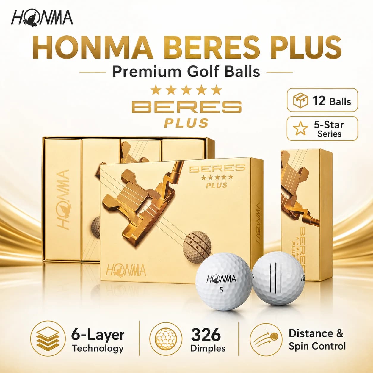 HONMA BERES 5S Plus Golf Balls 12 Pack 326 Dimples Premium Soft Feel Distance Golf Ball Gift Box