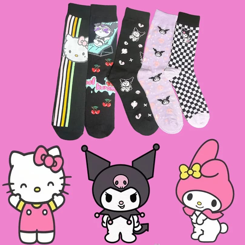 Taglie europee 36-45,1/5 paia di calzini a metà polpaccio Sanrio Hello Kitty Kuroomi Cartoon Anime per donna
