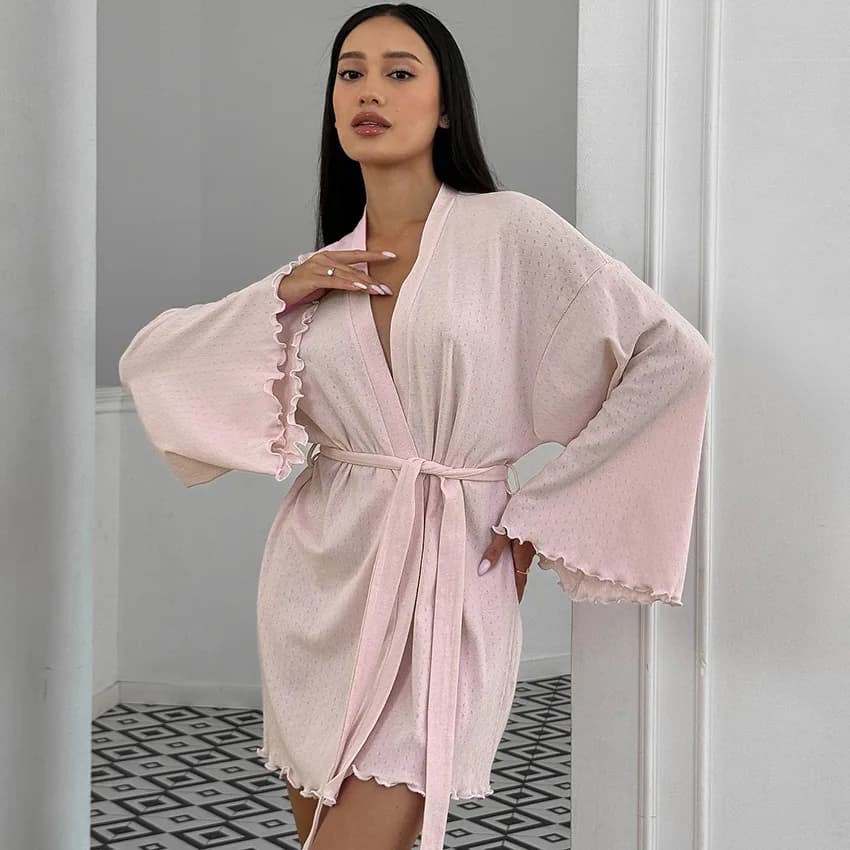 Sexy Light Pink Ruffled Kimono Bathrobe for Women Long Bell Sleeve Tie Waist Short Robe Coquette Style Bridal Peignoir Nightwear