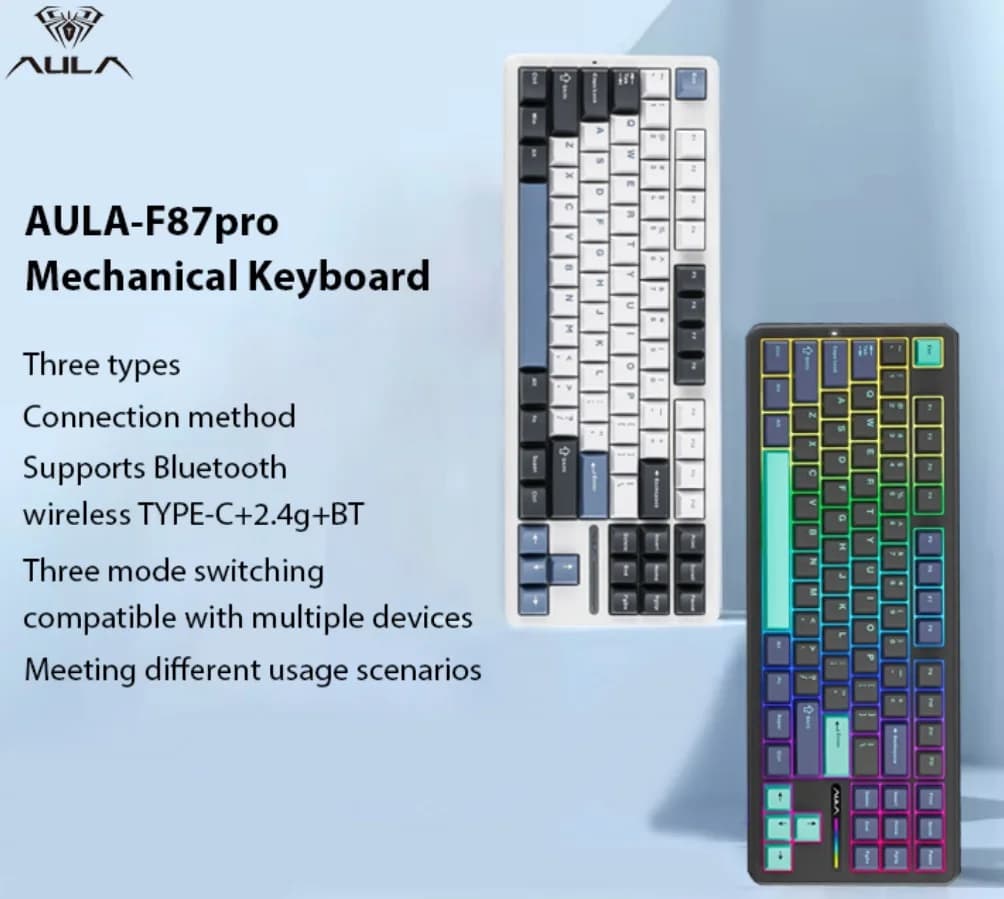 AULA F87pro Wireless Mechanical Keyboard, Bluetooth 5.0/2.4GHz/USB-C Rechargeable, RGB Customizable, PBT Material