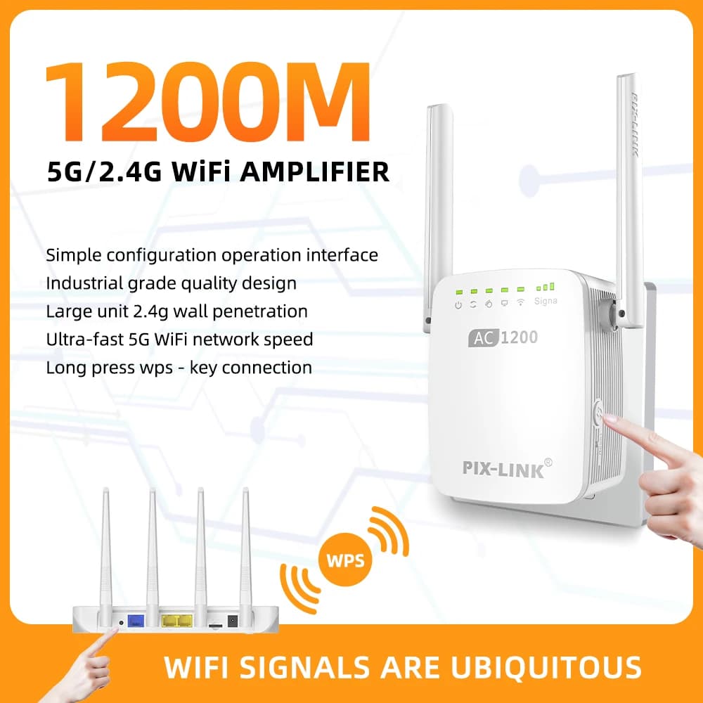 PIX-LINK AC1200 Ripetitore WiFi Dual Band 1200Mbps 5GHz/2.4GHz con 2 Antenne, Modalità Router/Ripetitore/AP, Estensore WiFi per Casa