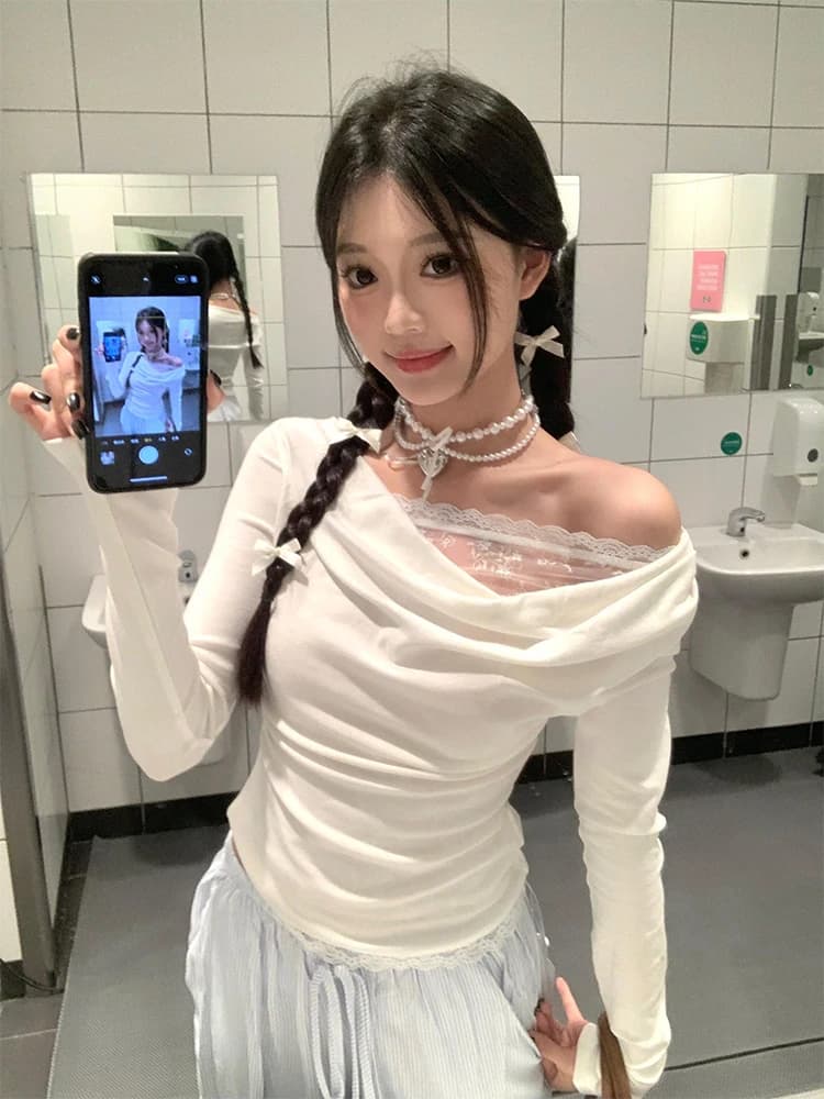 Lace Splice Long Sleeve T-Shirt Women's Spring Summer New Style 2025 Chop Neck Inner Match Hot Girl Pure Desire Top