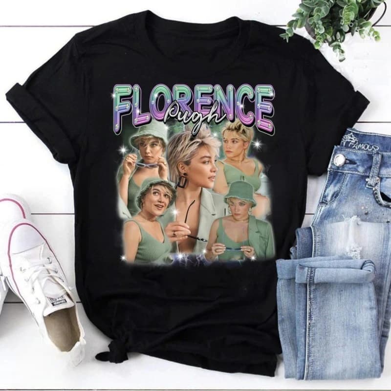 Florence Pugh Retro Bootleg T-shirt Vintage anni '90 Style Collage Tee Celebrity Fan Merch A24 Movie Star Camicia Cultura pop Regalo Top