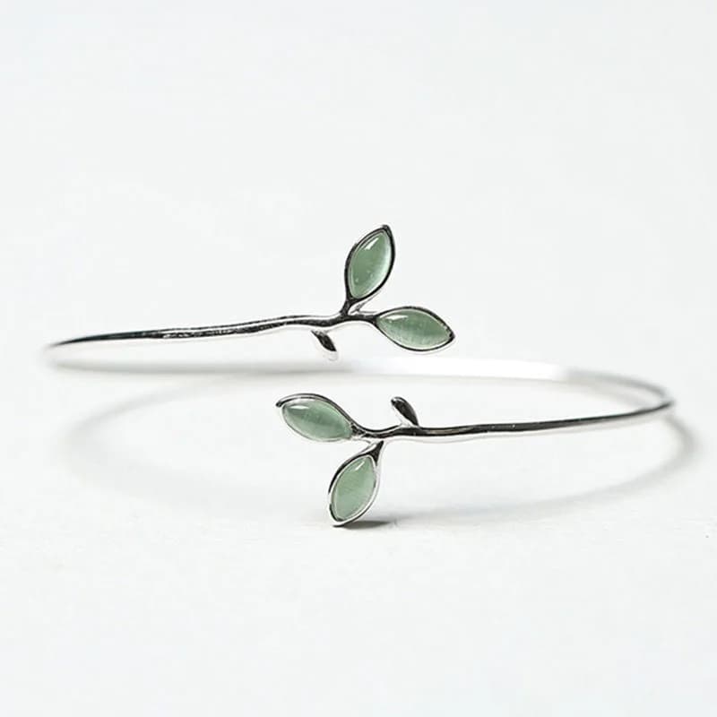 925 Stamp Silver Color Bangle for Women Green Opal Leaf Twigs Branch Jewelry Girls' Gift Dropshipping