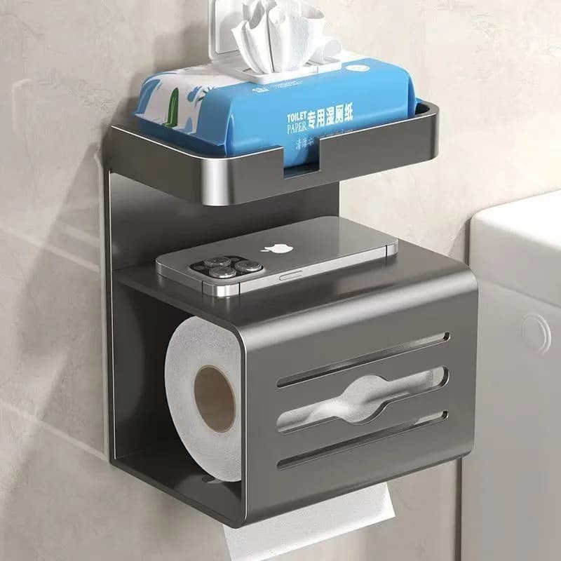 Portarotolo da Bagno Senza Foratura con Mensola Porta Telefono Integrata