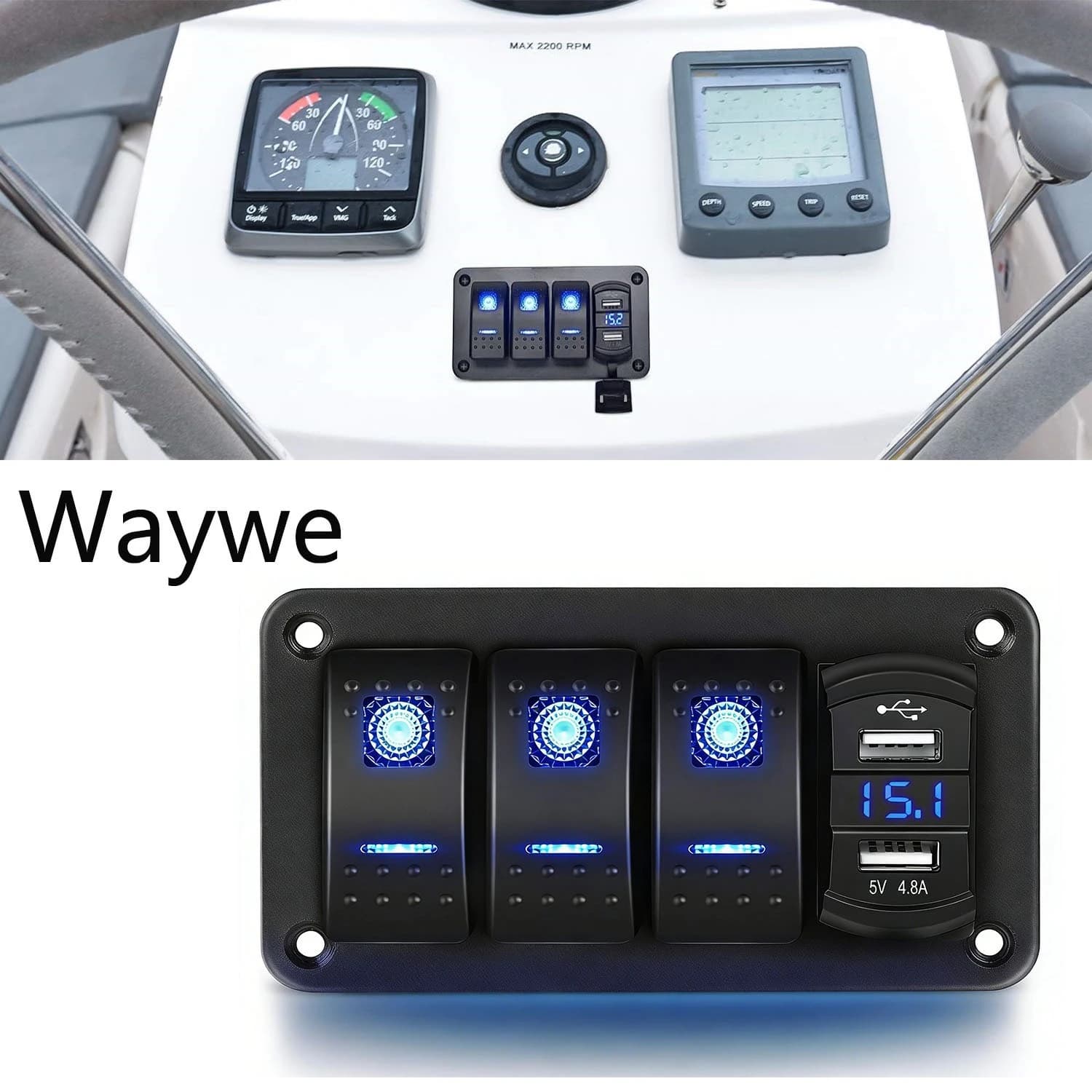 3 groups Waywe balance switch panel: 4.8 A double USB voltmeter (12 V-24 V, waterproof) for cars/camion/boats/campers, blue