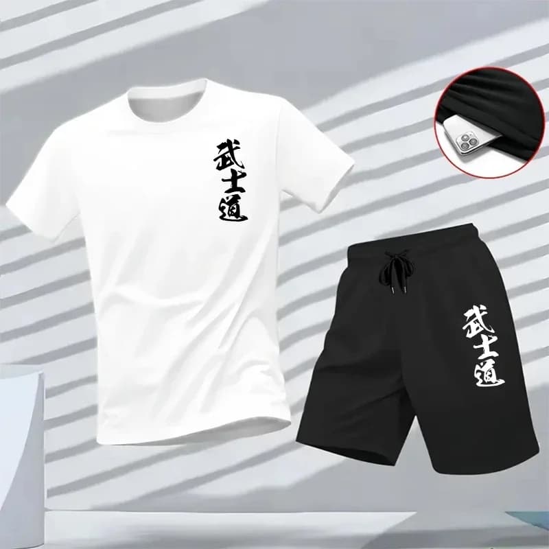 Completo Estivo Casual da Uomo per Casa e Outdoor, Abbigliamento Sportivo Comodo con Stampa BUSHIDO, Set con T-shirt Girocollo e Pantaloncini Sportivi