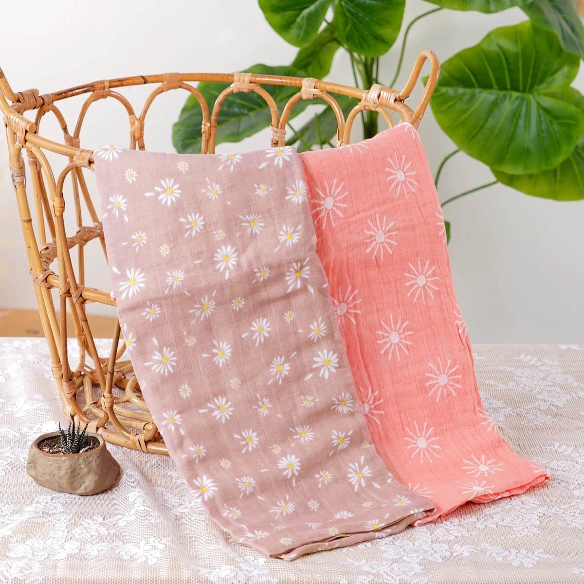 Elinfant Set da 2 pezzi Asciugamano morbido per passeggino Coperte per fotografia, Coperta fasciatoio in mussola di cotone 100%.