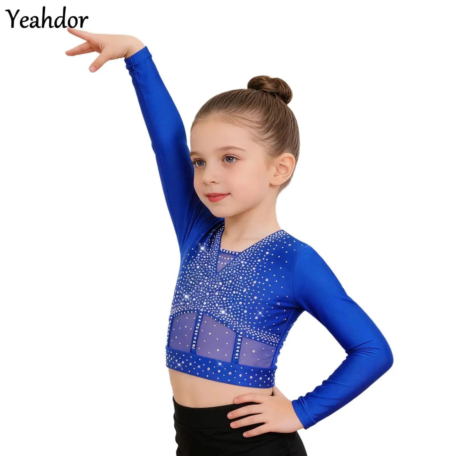 Top da Danza per Bambine con Strass Luccicanti, Maniche Lunghe in Rete Trasparente, Costume per Ginnastica, Danza, Balletto e Pattinaggio Artistico
