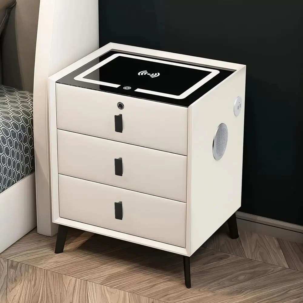 Comodino Intelligente con Stazione di Ricarica, LED Regolabile, Altoparlante Bluetooth, Porte USB, Serratura con Impronta Digitale, Tavolino da Letto per Camera da Letto