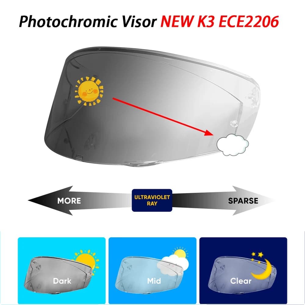 Visiera Fotocromatica per Casco Moto Compatibile con AGV K3 ECE2206, Ricambio per Visiera