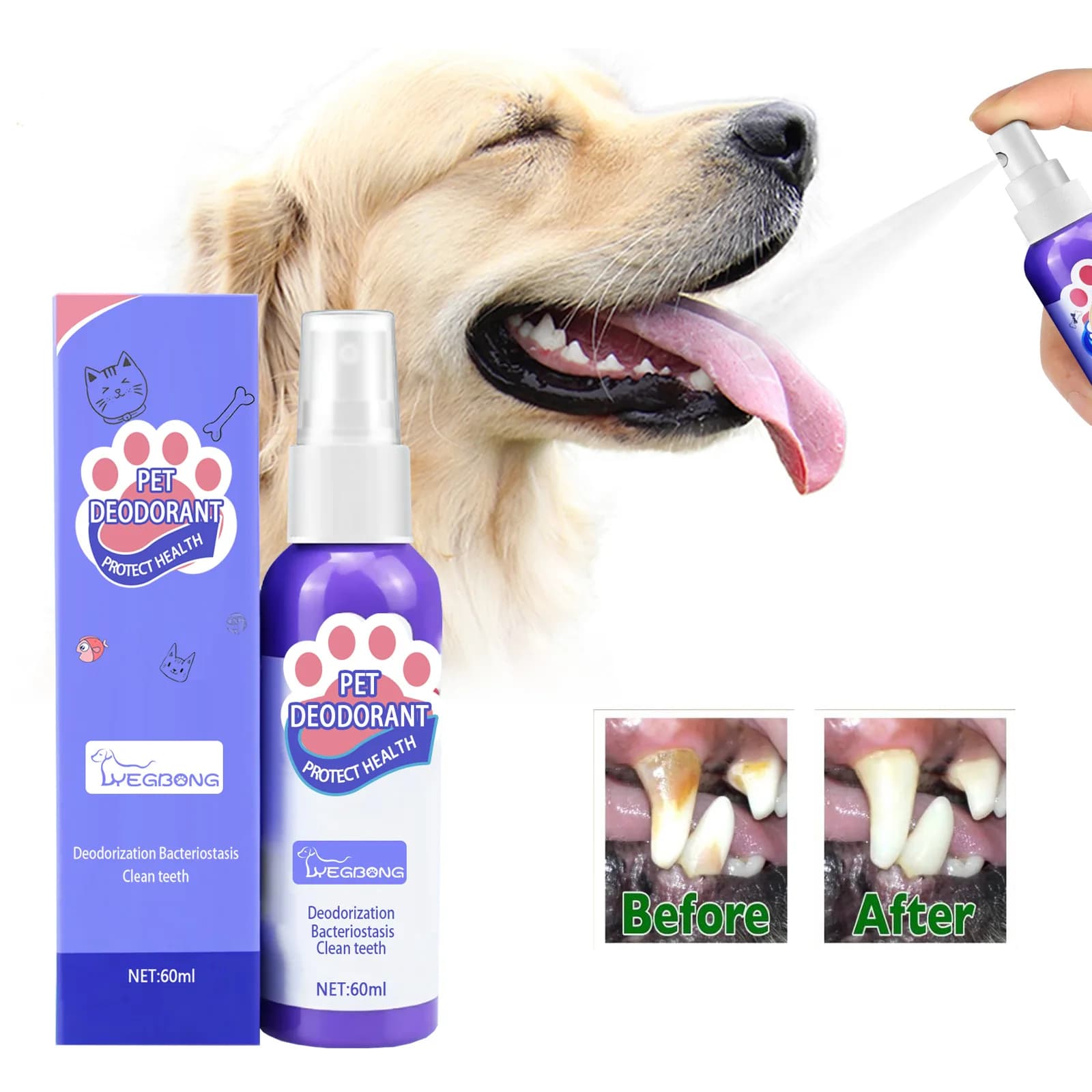 Spray per la Pulizia dei Denti dei Cani, Spray Orale per Animali Domestici, Deodorante Sbiancante per la Bocca, Prevenzione del Tartaro e Rimozione della Placca 60ml