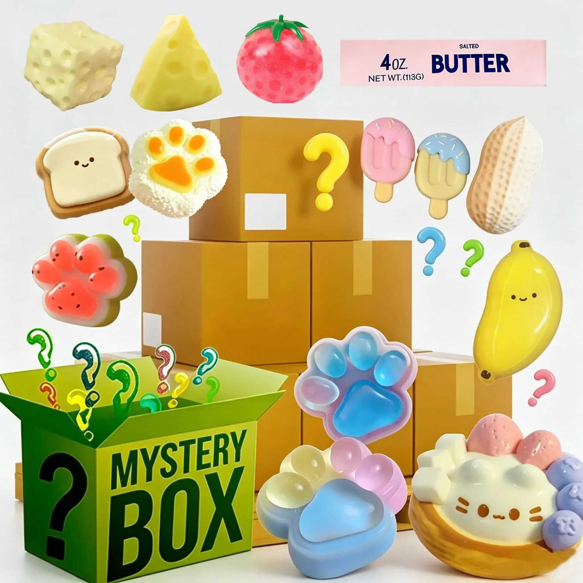 Surpris Blind Box Mystery Kawaii Cat Paw Mochi Squishy, Simulated Food Fidget Toy Cute Squeeze Foot Toy Antistress Stress-Relief