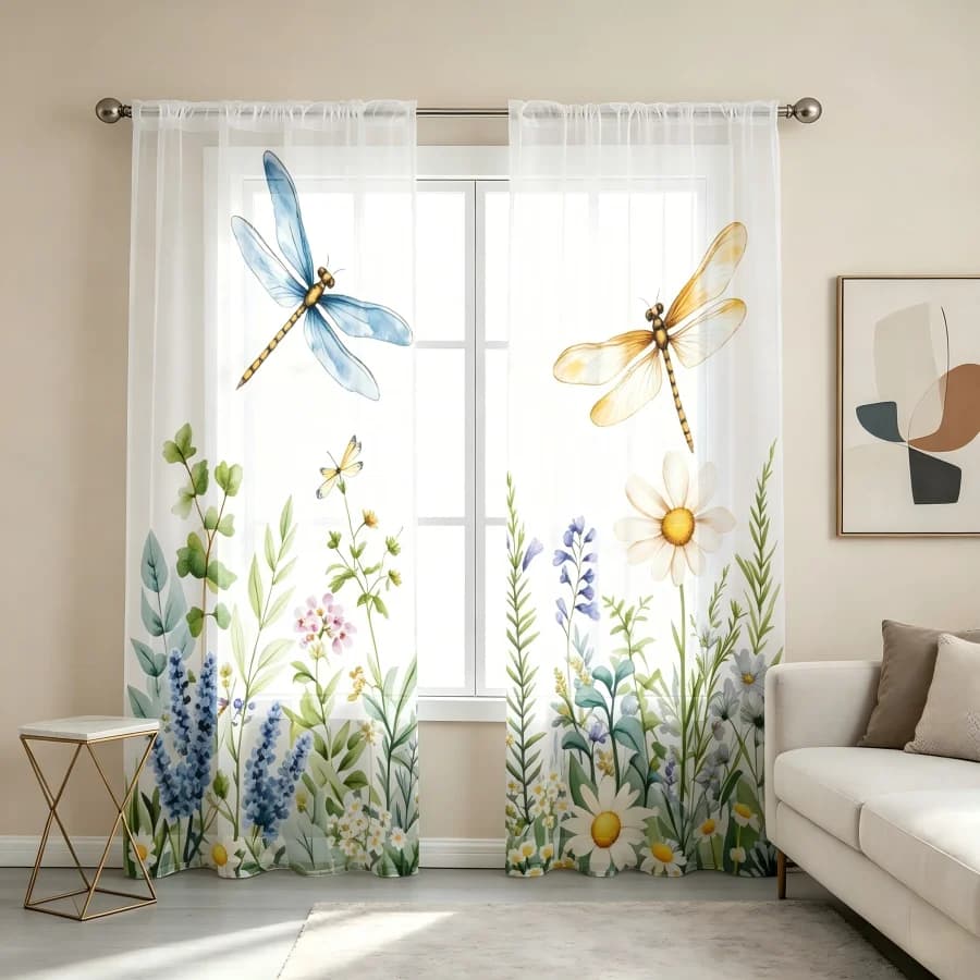 2PCS Digital Print Sheer Curtain, Dragonfly Flower Garden Nature Spring Window Drapes for Living Room Bedroom Home Decor