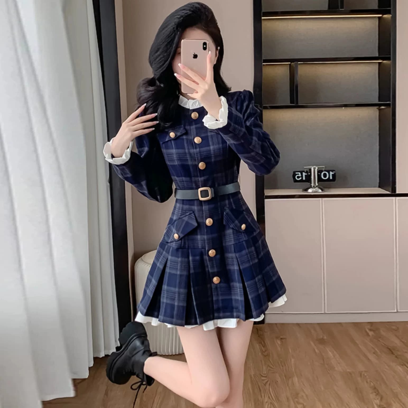Fashionable Retro High Waist Midi Dress with Belt Autumn Winter New Arrival Women's Clothing Commute Style Long Sleeve Zipper...
