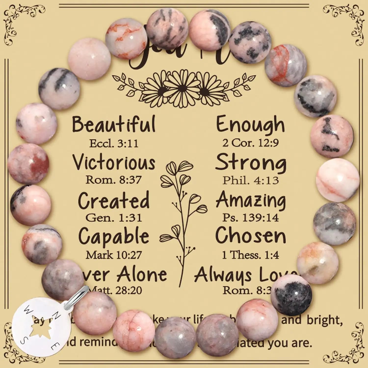 1pc Compass Bracelet,Natural Stone Stretch Bracelet for Women Girls,Compass Charm Bracelet Gifts with Christian Bible Verses Card