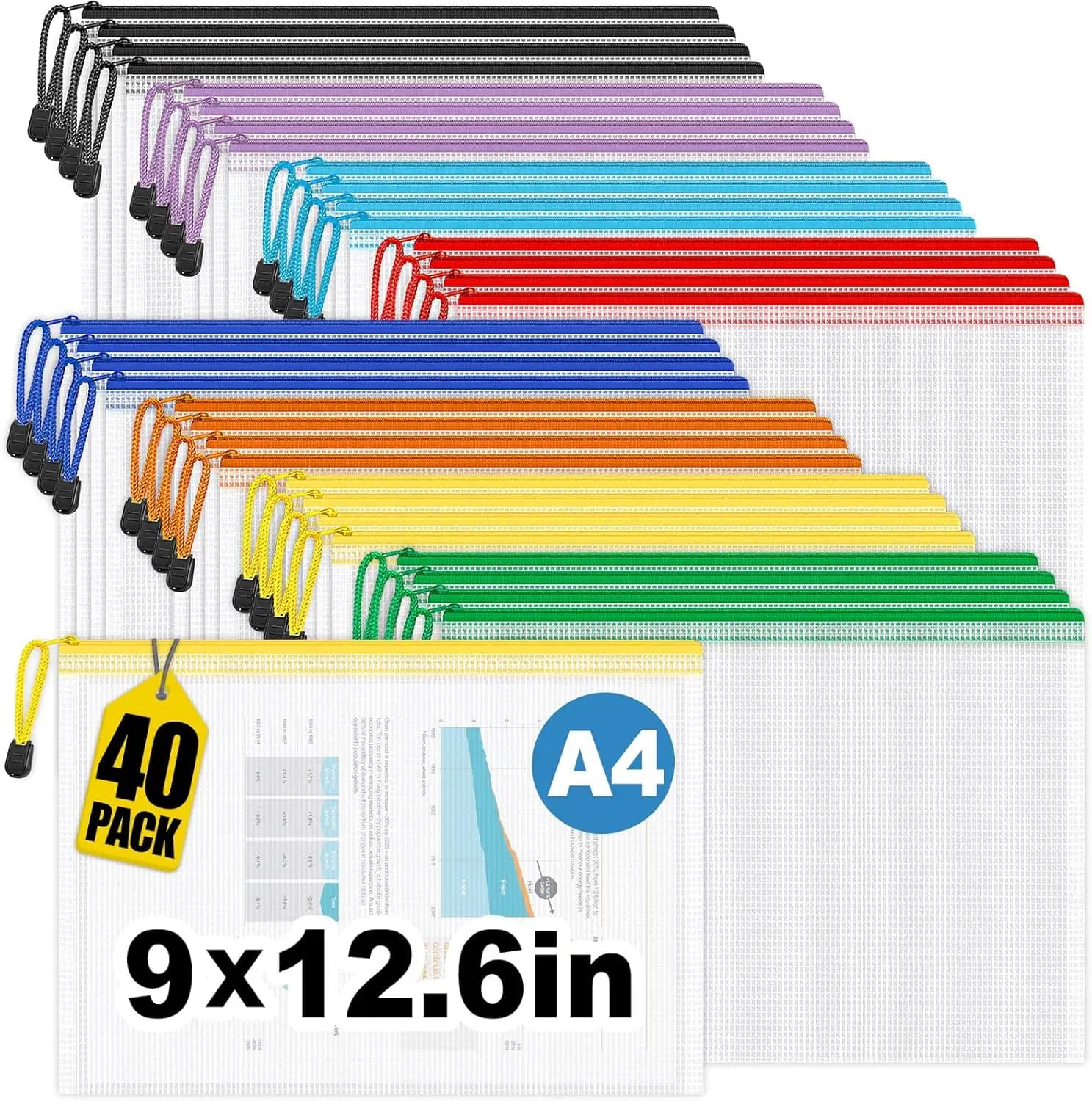 Confezione da 40 buste con cerniera in rete, formato A4, 8 colori, cartelle impermeabili per archiviazione in ufficio, scuola, casa