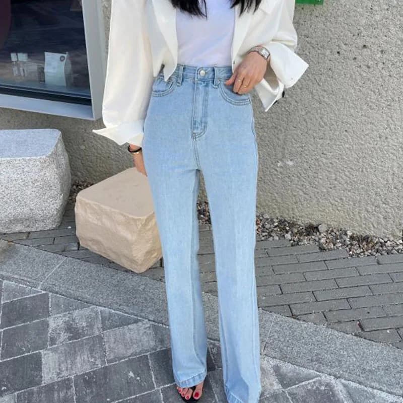 Jeans Chic a Vita Alta e Gamba Dritta da Donna, Pantaloni Lunghi Versatili con Design a Tasche, Slim Fit, Closure Bottone Single, Classic Denim Blu