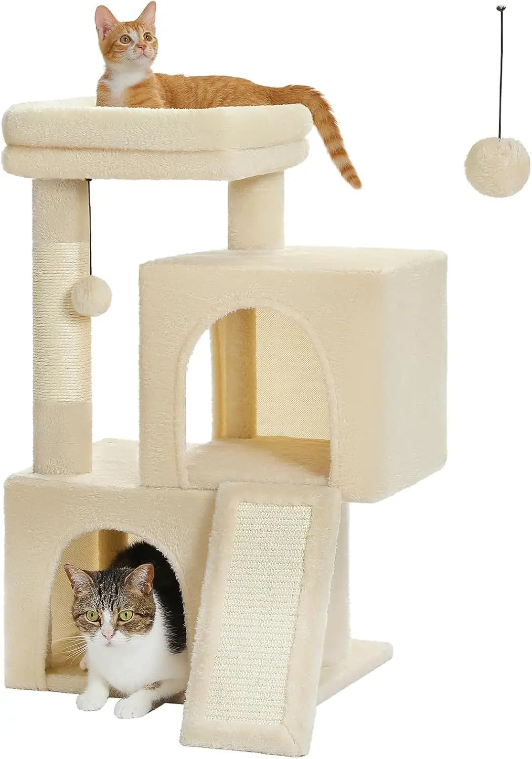 Albero per Gatti, Torre per Gatti da 76 cm con Doppia Cuccia per Gatti da Interno, Cuccia Morbida con Sdraio Imbottita, Rampa e Posti per Tirare i Tiragraffi