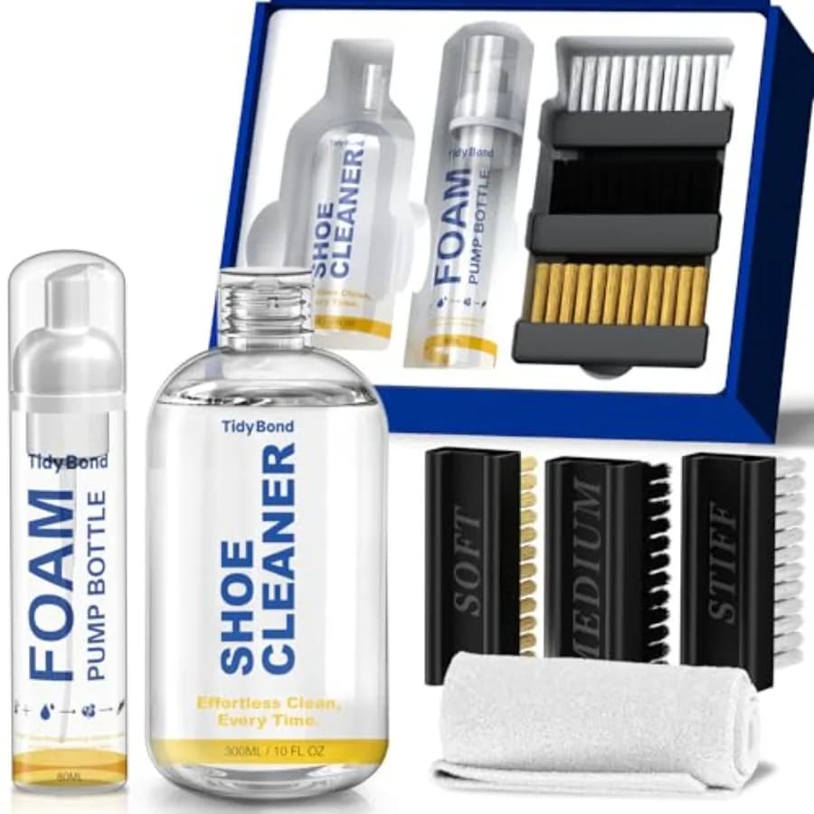 Kit per la Pulizia delle Scarpe da Ginnastica 10.6oz, Set Premium con 3 Spazzole e Asciugamano in Microfibra, Detergente per Sneaker Bianche