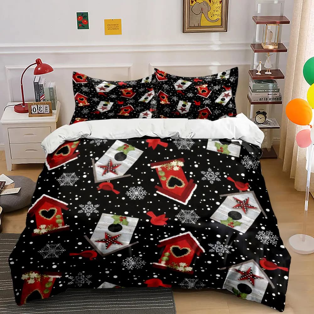 Set biancheria da letto natalizio con motivo a fiocchi di neve e casetta per uccelli, con 1 copripiumino e 2 federe, singolo, matrimoniale, king, queen, idea regalo