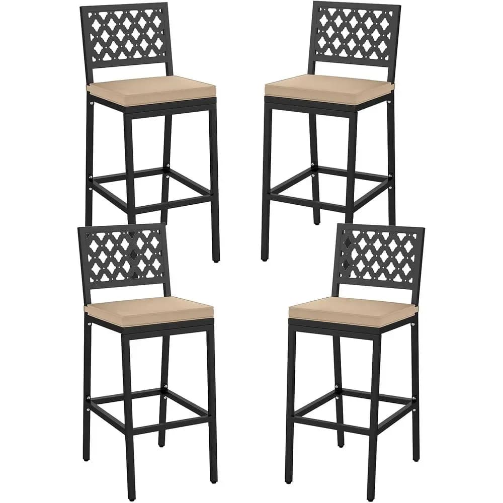 Set of 4 metal bar chairs height counter with pillows, ideal for patio, poolside, garden