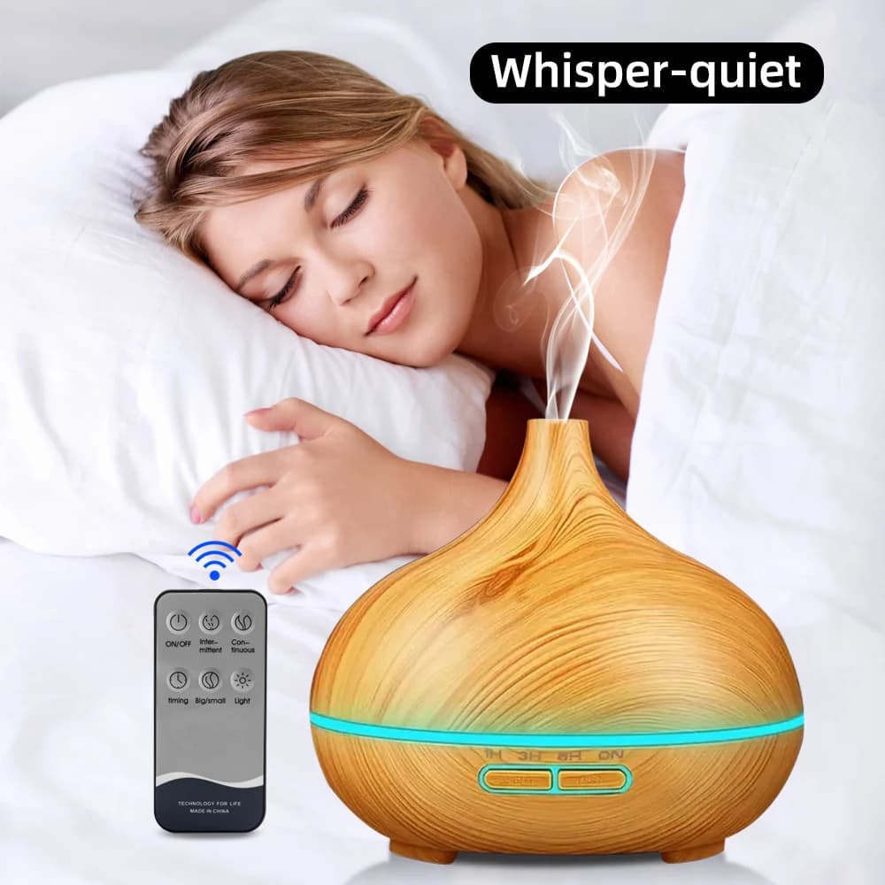 Diffusore per la casa Diffusore di aromi di venature del legno Timer di controllo remoto 6 Set di oli Umidificatore a nebbia fredda da 550 ml