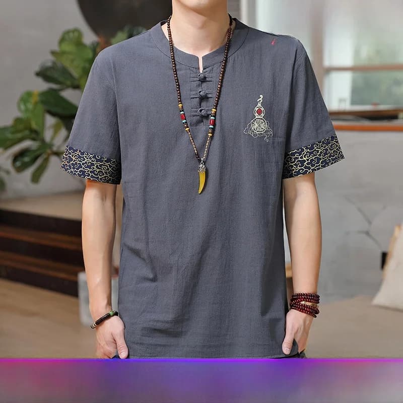 Men's Short Sleeve Massage Work Uniform Sauna Technician Bathrobe Summer Lightweight Cotton Ethnic Style V-Neck T-Shirt