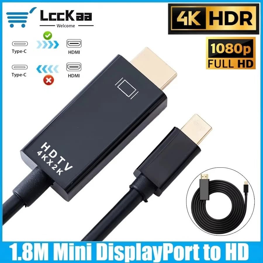 LccKaa Compatible Cable Adapter Mini DisplayPort to HDMI 1,8 m Mini DP to HDMI compatible for Apple MacBook portable projector