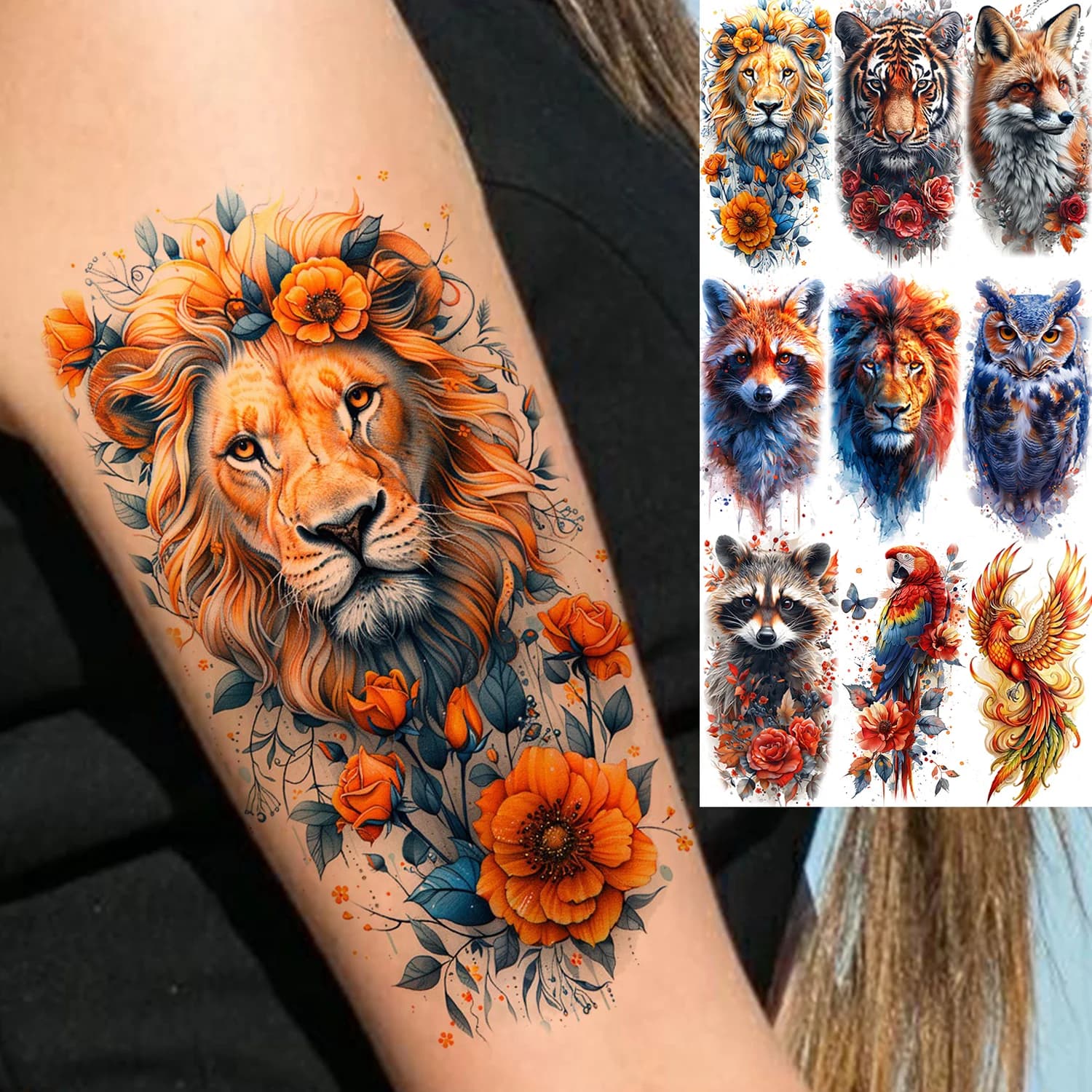 1 foglio unico acquerello leone tigre animali tatuaggi temporanei lunga durata impermeabile volpe gufo adesivo tatuaggio finto body art tatoo