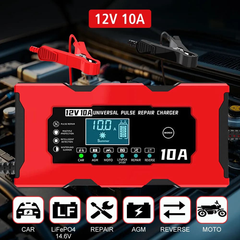 12V 10A Intelligent Charger with EU/US Plug, 14.6V 10A Lithium Iron Batteries Charger, Digital LCD Display, Impulse Repair, Car Charger