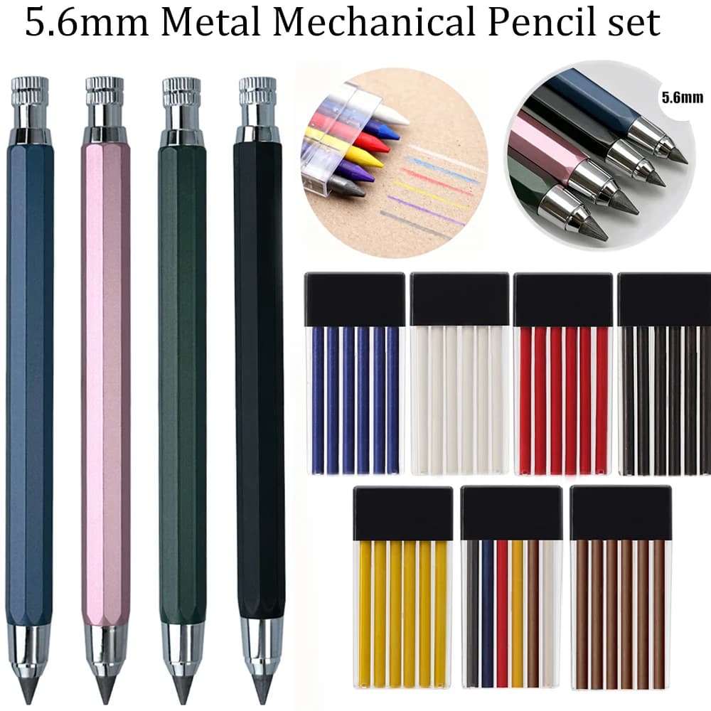 5.6mm Metal Drawing Pencil with 2B Leads Set Professional Art Sketch Mechanical Pencil Student Stationery(1Pencil+2 box Leads)