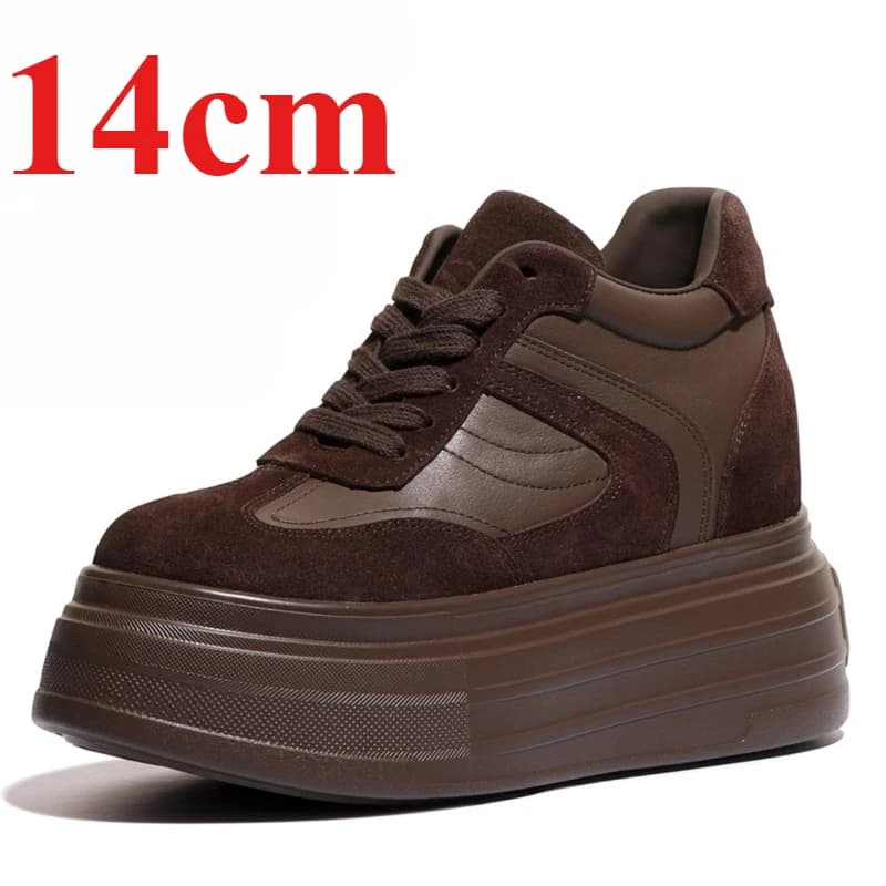 Scarpe da tavolo casual marroni con ascensore da 14 cm in vera pelle per scarpe da ginnastica robuste da esterno da donna con suola spessa e altezza crescente