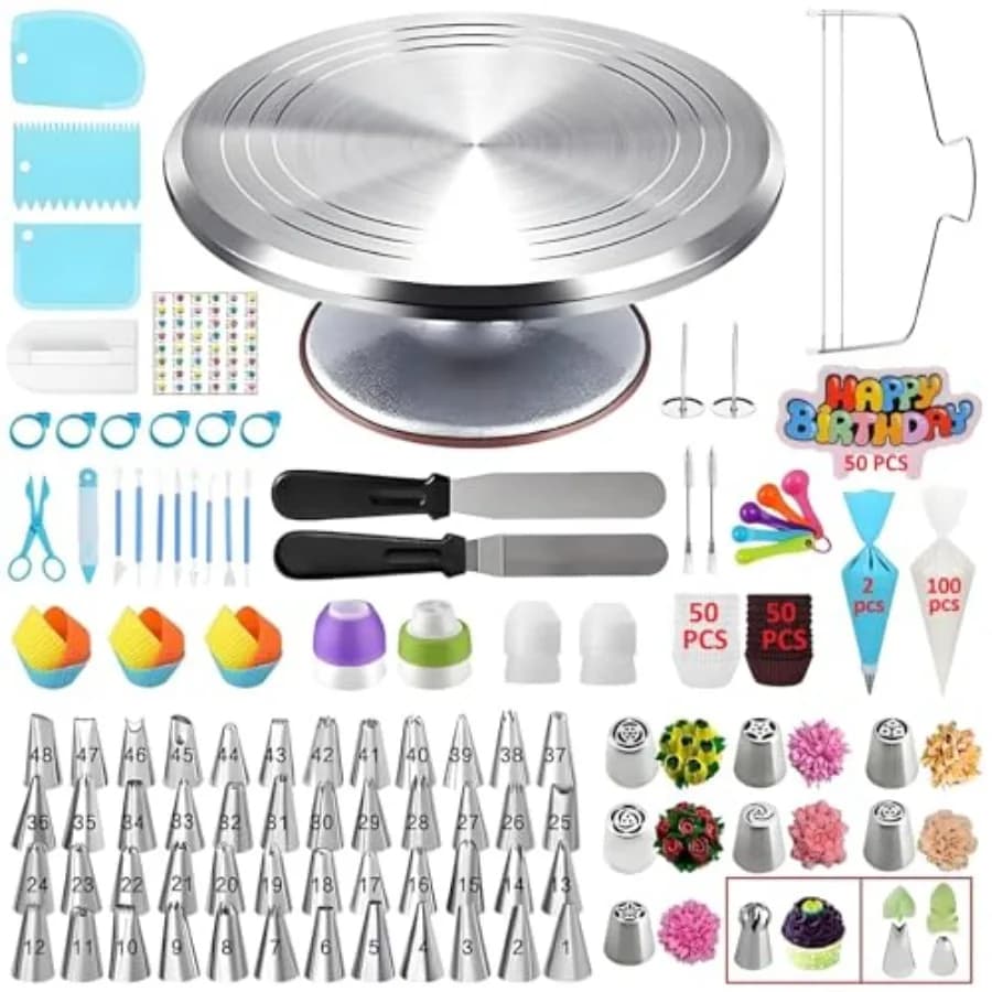 Set di 357 Pezzi per Pasticceria con Piatto Girevole in Alluminio, Livellatore per Torte, 50 Ugelli per Glassa, 8 Ugelli Russi + Ugelli a Sfera, 2 Spatole, 3 Raschietti