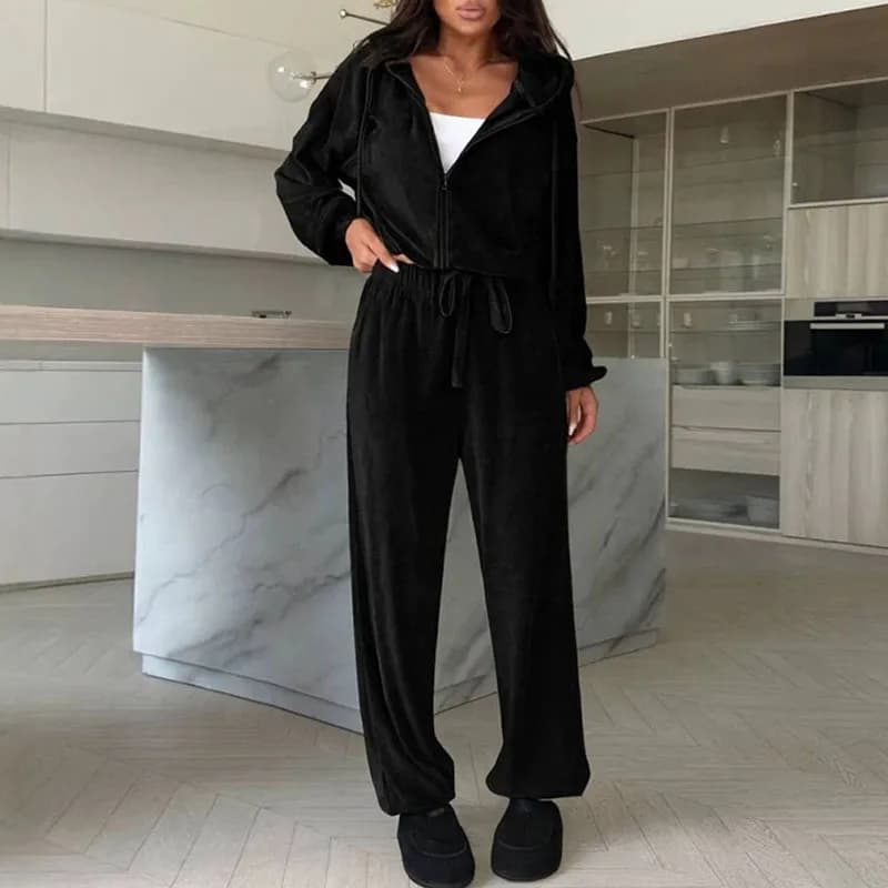 Elegant Zipper Solid Color Loose 2Pc Outfits Women Fashion Zipper Sporty Sets Casual Long Sleeve Hoodies Coats & Long Pant Suit
