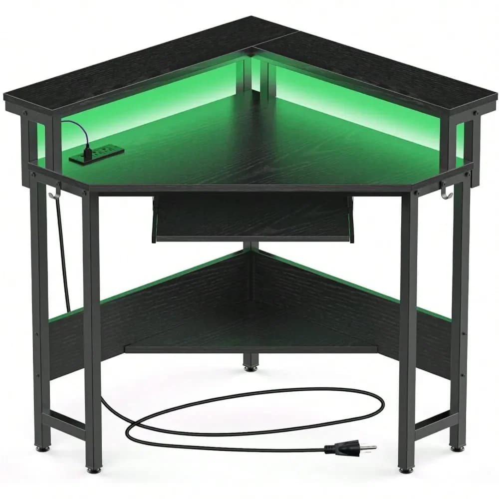 Scrivania per Computer, Tavolo da Ufficio, Scrivania Angolare per Casa e Ufficio, Scrivania per Computer per Piccoli Spazi con Luci LED, Tavolo da Gaming con Vano Portaoggetti