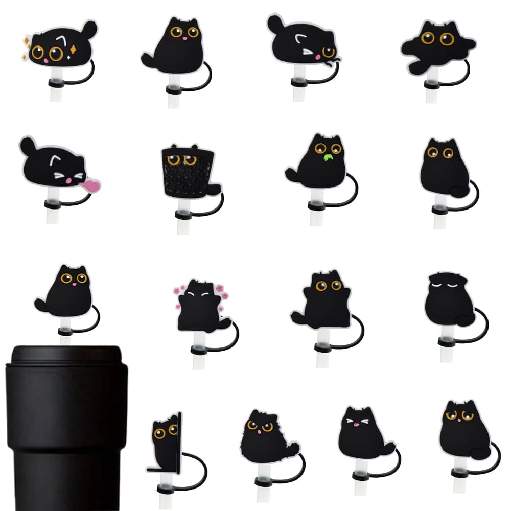 15 Pezzi di Copri-Cannuccia a Forma di Gatto Nero, Accessori per Bicchieri Riutilizzabili, Copri-Cannuccia in Silicone da 10mm