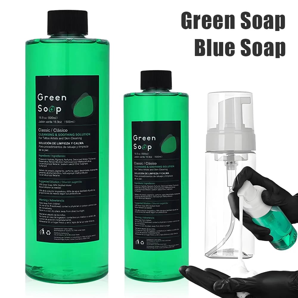 Kit Sapone Verde per Tatuaggi, Soluzione Detergente e Lenitiva, Sapone alle Alghe Blu con Dispenser e Flacone Schiumogeno, Accessori per Tatuaggi
