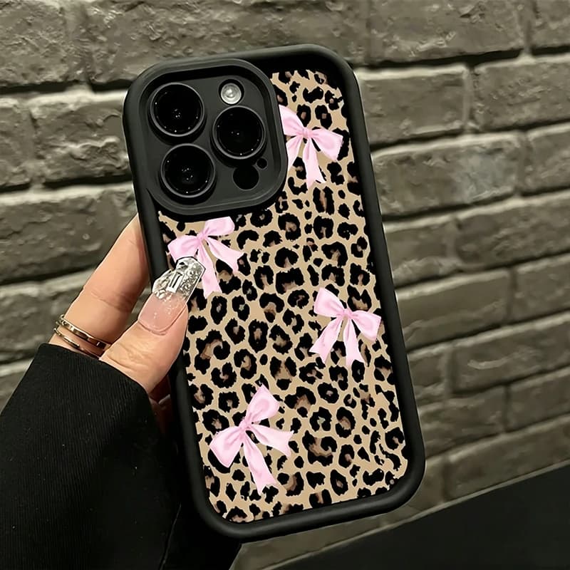 Luxury Leopard Print Bow Phone Case for iphone 11 12 13 14 15 16 17 Pro Max Plus AIR Xs Xr Mini Shockproof Anti-Fall Y2k Cover