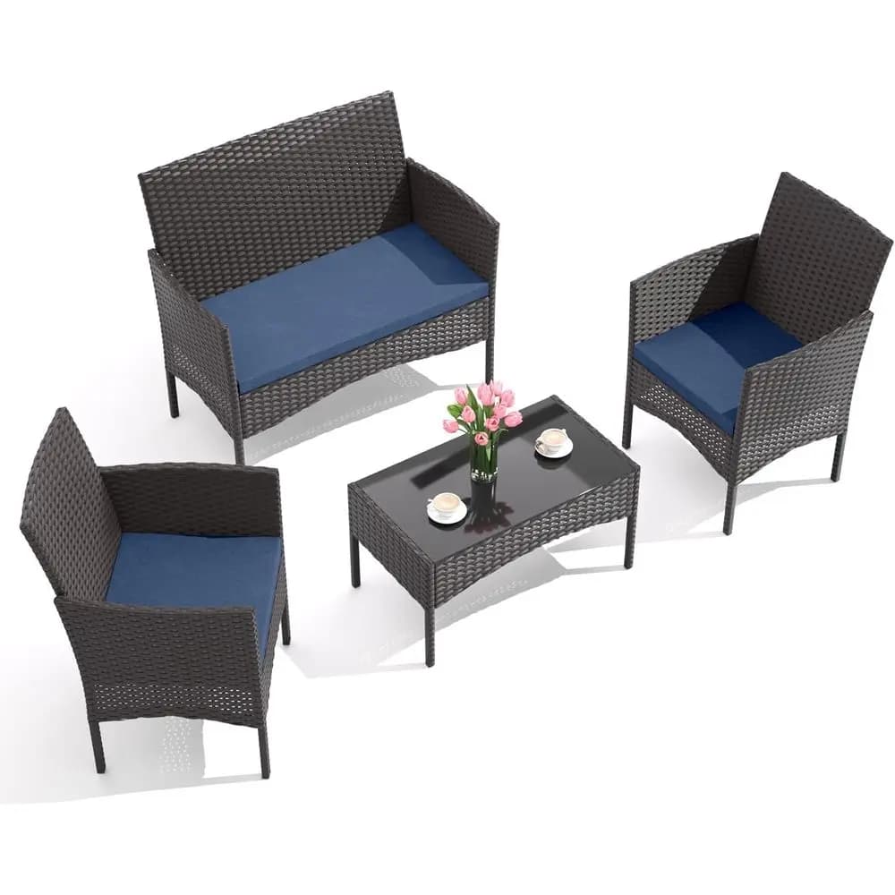 Set di Mobili da Esterno in 4 Pezzi: Sedie in Vimini e Rattan, Divano, Cuscini e Tavolino in Vetro per Prato, Veranda, Piscina o Giardino