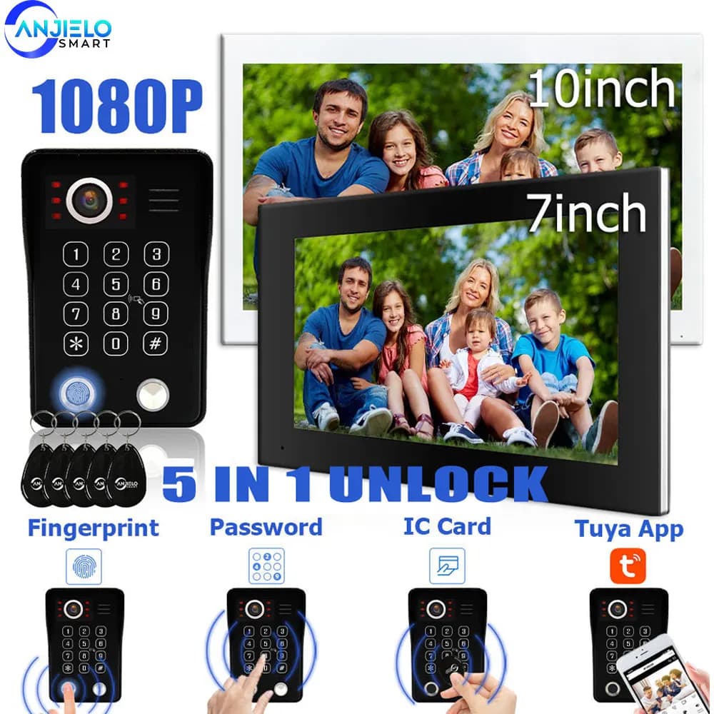ANJIELO Impronte digitali 5in1 Sblocca Wifi Campanello Videocitofono Sistema per Citofono Domestico Tuya Smart 1080P Monitor di Sicurezza Proteggi