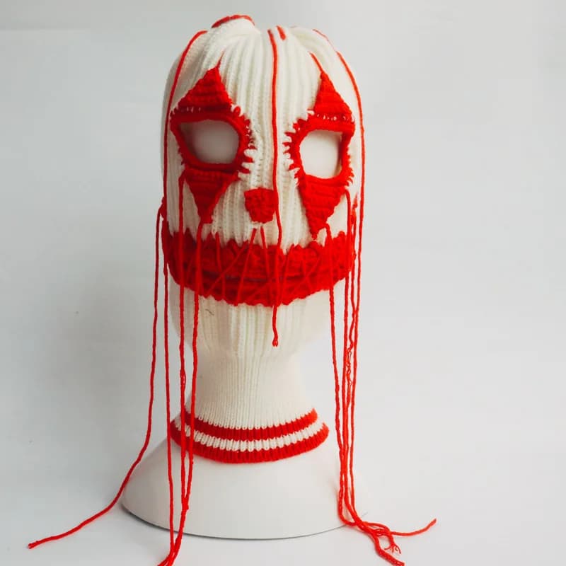 Divertente cappello smorfia fatto a mano in filato lavorato a maglia copricapo horror clown cappuccio maschera festa scherzo costume