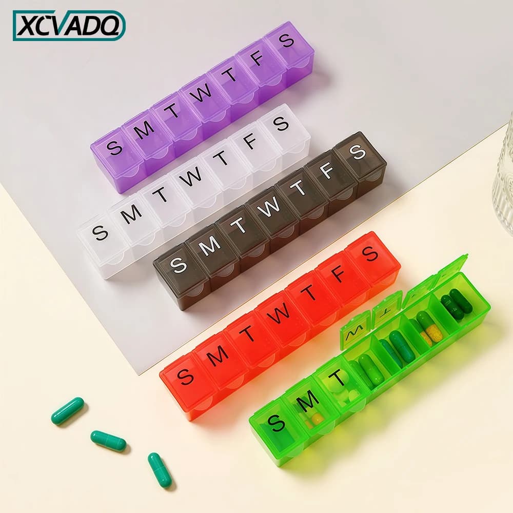 1pcs Weekly Pill Organizer,7 Day Daily Pill Box Case Easy to Open,Silkscreen Printed Medicine Container for Vitamins