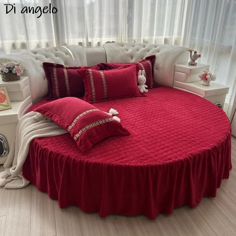 Chinese Red Crystal Round Velvet Sheet Thick Quilting With Cotton Bed Gown Soft Collar Breathable Headdress # SW