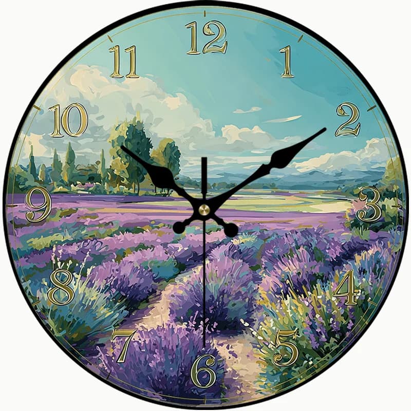 2D Piatto. 1 orologio da parete in PVC in stile rustico, design Campo di lavanda viola, orologio silenzioso con motivo naturale sereno, orologio rotondo silenzioso