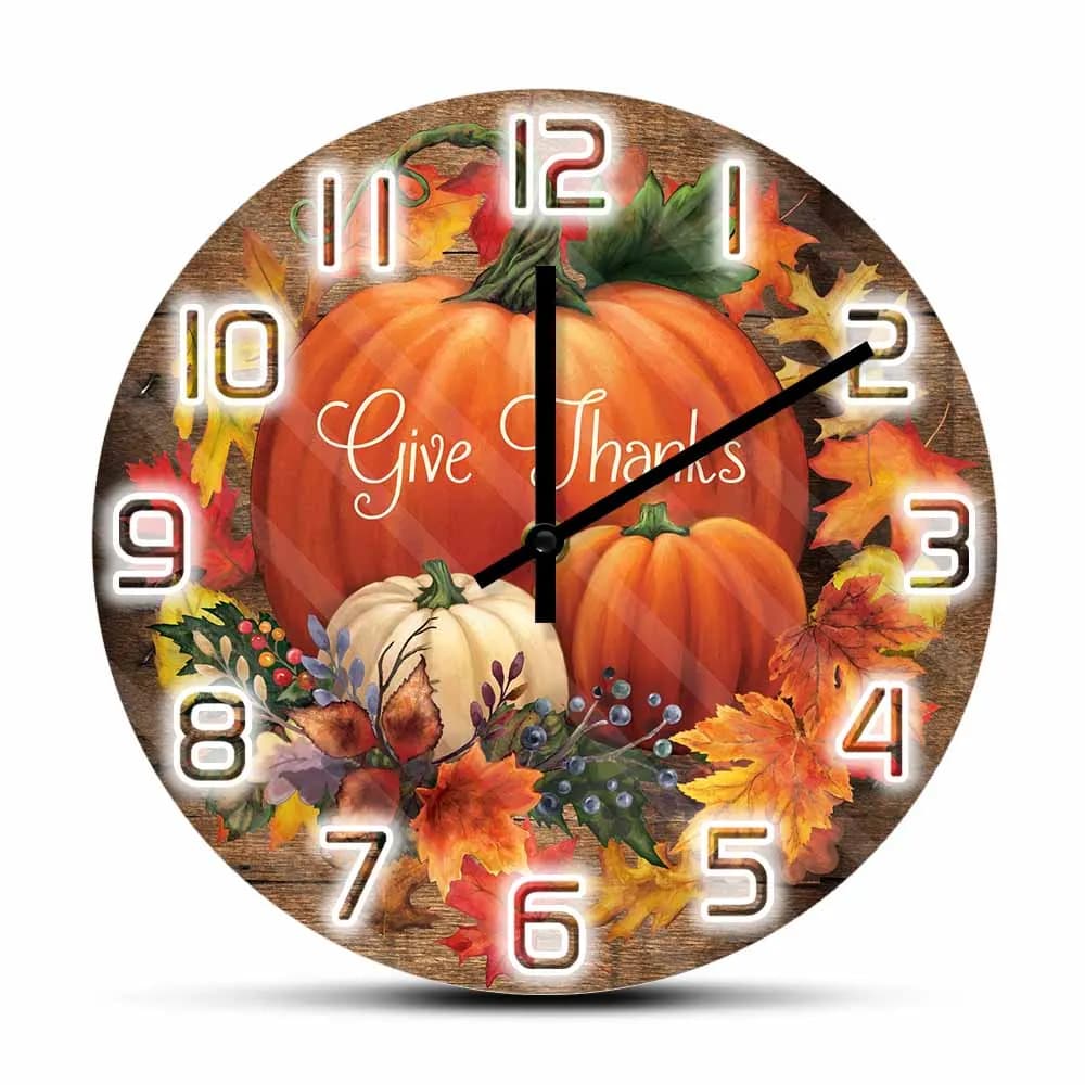Wall Clock 'Give Thanks Blessed' by Modern Design, Autumn Decoration Farm Style with Pumpkin, Gift Idea for Thanksgiving Day