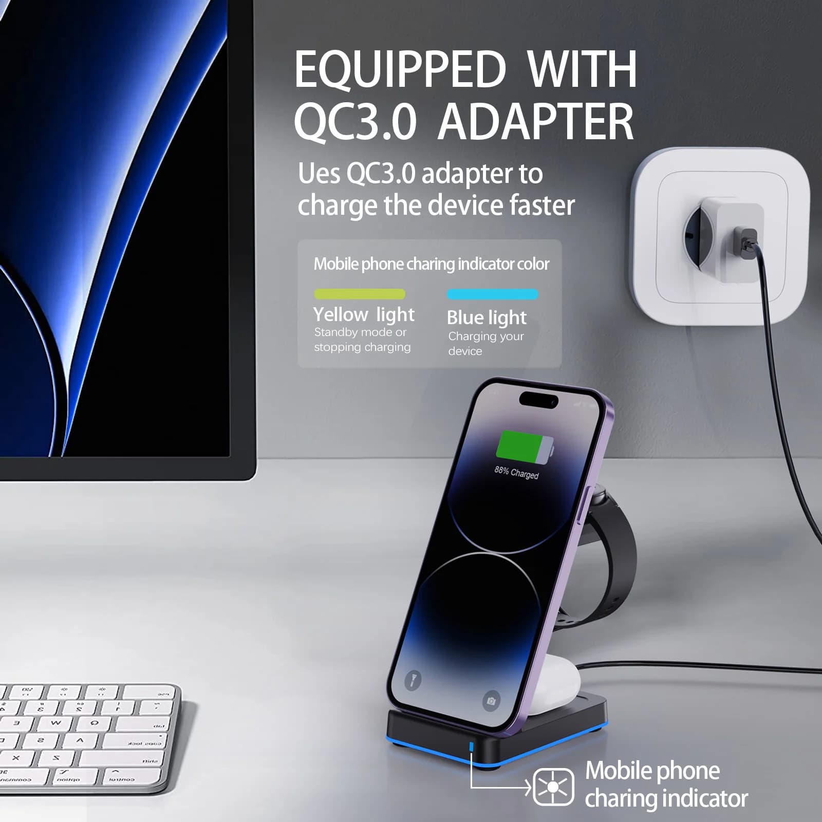 15W 3-in-1 Wireless Charger Stand Fast Charging for iPhone Apple Watch Samsung Watch Earbuds LED Lamp