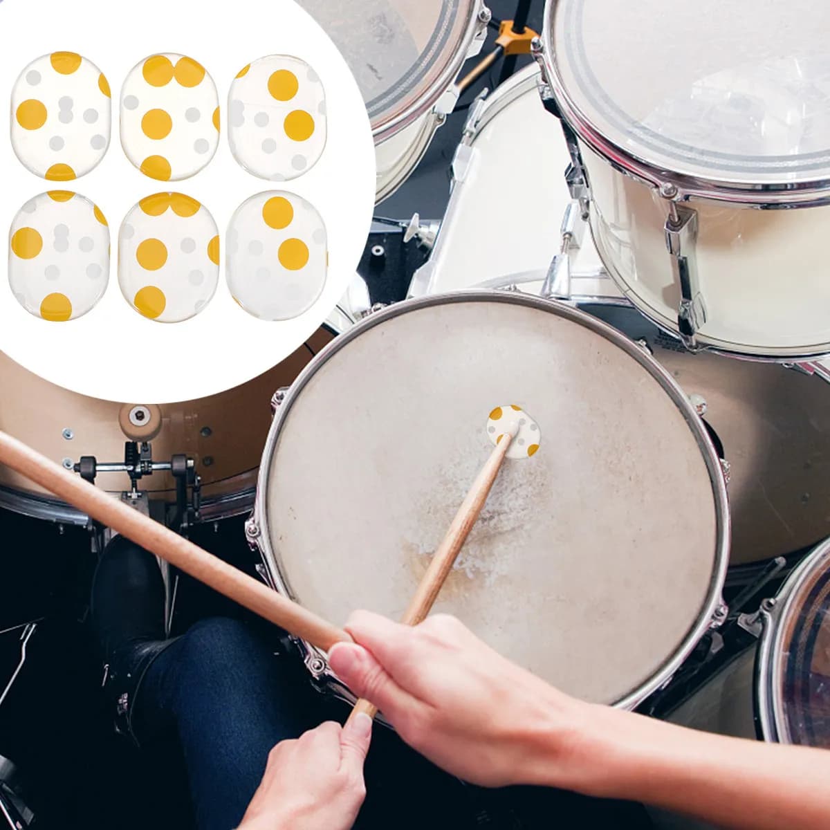 6Pcs Silicone Drum Damping Pad Self-Adhesive Gel Mat for Customizing Tone on Drums Cymbals Percussion Yellow Dots